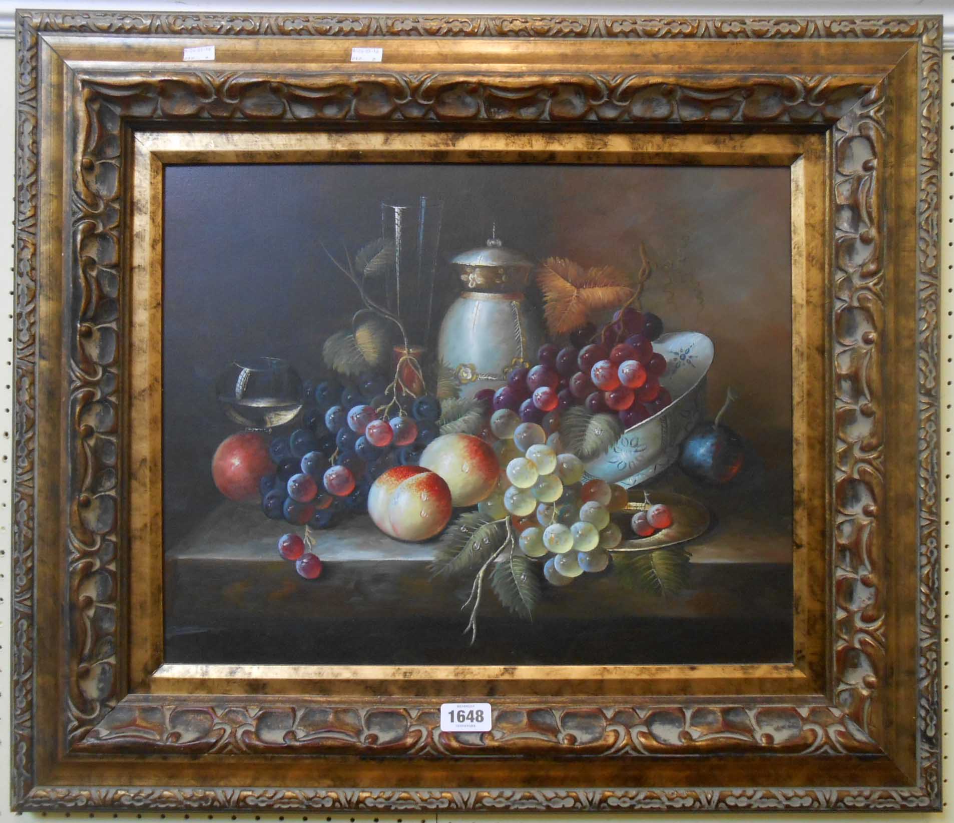 An ornate mottled gilt framed oil on canvas, still life with fruits and other objects on a table -