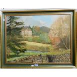 A framed oil on board depicting a view of Easton Grey House, Cotswolds from the garden -