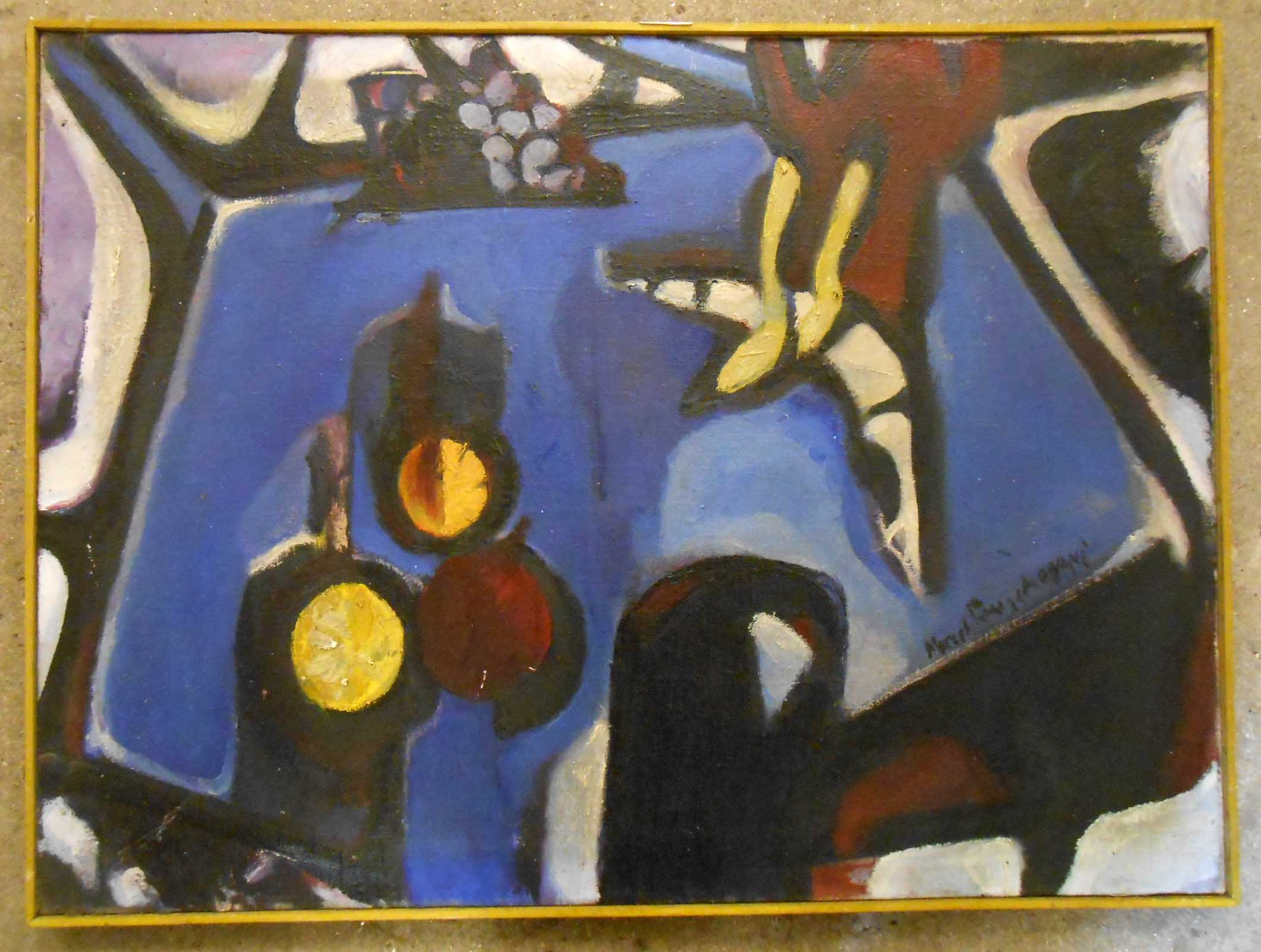 Marcel Poucket: oil on canvas abstract study in predominantly dark blue palette - 23½" X 32"