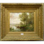 Corot (in the style of): a gilt framed oil on canvas depicting a figure in a punt on a pond in a