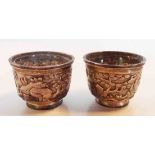 A pair of Chinese export white metal Wang Hing & Co. salts with embossed court scene band and