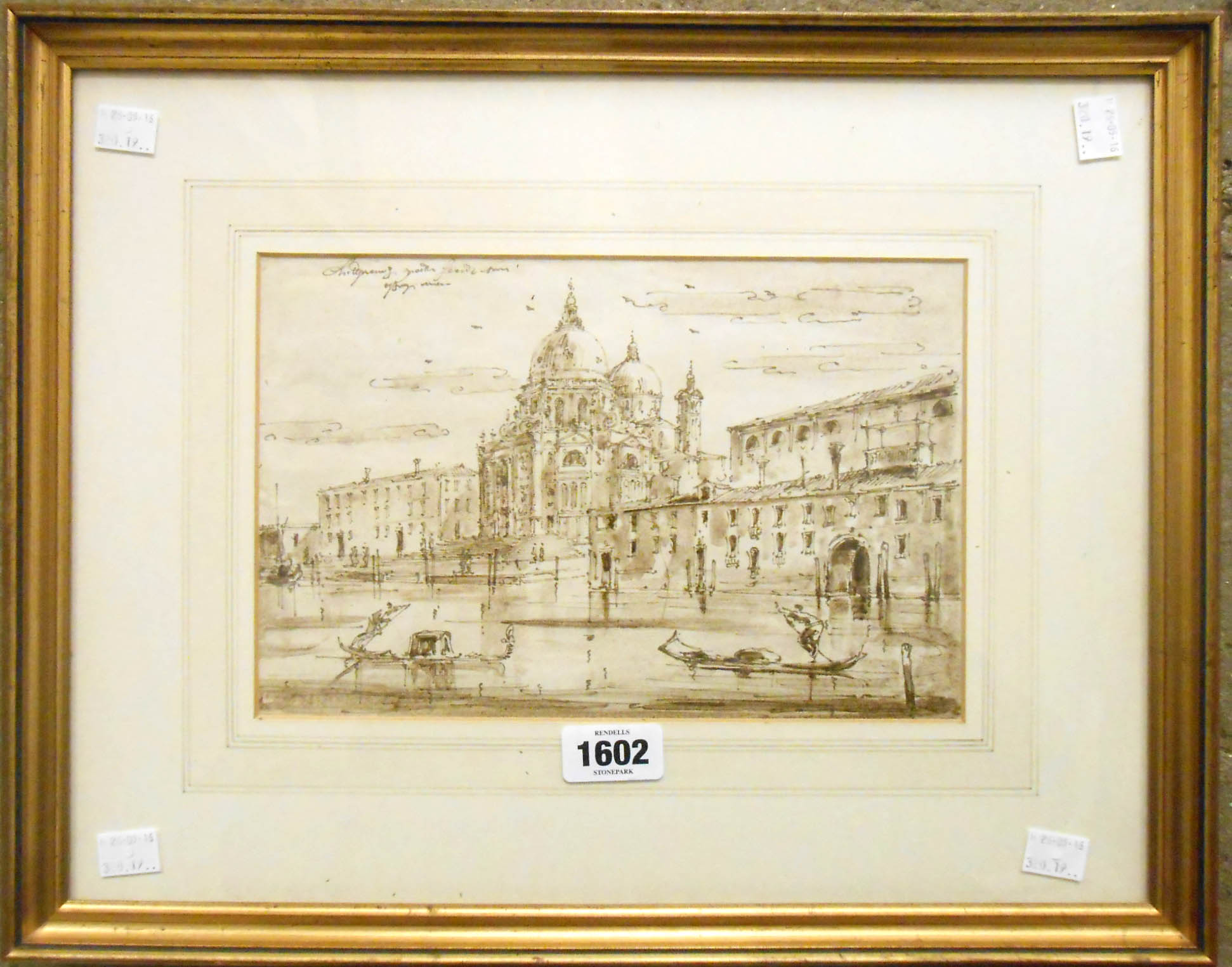 A gilt framed old master sepia ink sketch depicting a Venetian view from The Grand Canal towards The