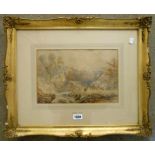 David Cox: a gilt framed watercolour depicting cattle and drovers beside a river with crossing