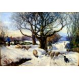 Albert George Stevens, 'Driving Sheep on a Snow Covered Lane', signed, watercolour,14" x 19", est £