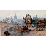 Paul Marny, 'Riverbank in a Continental Town', signed, watercolour, 5" x 9", est £50 - £80