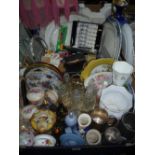 TWO BOXES OF CERAMICS, GLASS, cutlery, cigarette cards, signed photo etc