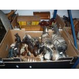 VARIOUS CERAMIC HORSE ORNAMENTS AND CARTS (two boxes)