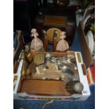 A BUSH BAKELITE RADIO, an oil lamp, a tray of cutlery, photo's, pair of book ends etc