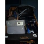 A BOX OF CAMERAS, accessories, binocular etc