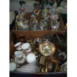 TWO BOXES OF PLATED WARES, teaset, ornaments, clocks, etc