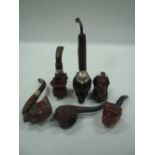 A COLLECTION OF BRIAR PIPES, to include bearded gentleman wearing hat, Stag with white metal mounts,