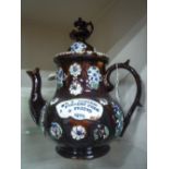 A BARGEWARE TEAPOT, 'Mr B Burgess, A Present from a Friend 1891', height approximately 31cm (s.d)