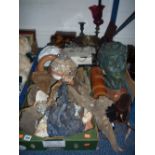 TWO BOXES AND LOOSE SUNDRY ITEMS, to include driftwood, shells, cameras, metalware etc
