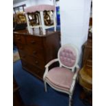 A FRENCH STYLE BEDROOM CHAIR, with painted frame and pink upholstery and a stool