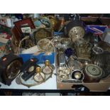 TWO BOXES AND LOOSE SUNDRY ITEMS, to include clocks, plated wares, pictures, etc