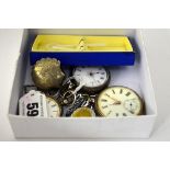 A COLLECTION OF ITEMS, to include three ladies fob pocket watches, a pill box, bracelet watch and