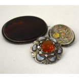 THREE BROOCHES, to include two agate brooches and one oval shape panel brooch with flower and