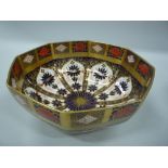A ROYAL CROWN DERBY OCTAGONAL BOWL, 1128 gold banded, diameter approximately 27cm (restorations)