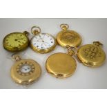 SIX YELLOW METAL POCKET WATCHES, one with personalised monogram, one with old cut diamond detail (