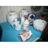 EIGHT PIECES OF CERAMICS, to include a pair of Royal Crown Derby ginger jars 'Derby Posies', a scent