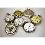 A BOX OF POCKET WATCHES, to include five silver pocket watches, hallmarks for London and Chester