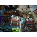 THREE BOXES AND LOOSE SUNDRY ITEMS, to include pictures, tins, deskstand etc