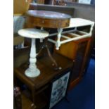 A TEA TROLLEY, small drum table, small marble pedestal table, firescreen, stool, a pair of Edwardian