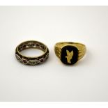 TWO RINGS, the first a signet ring with onyx stone, together with a band ring, ring sizes M and L