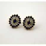 A PAIR OF GOLD SAPPHIRE AND DIAMOND CLUSTER EARRINGS, hallmarks for Sheffield