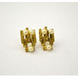A PAIR OF 9CT GOLD EARRINGS, of geometric design with pearl detail, hallmarks for Birmingham