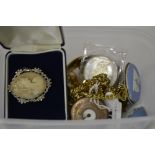 A SMALL COLLECTION OF JEWELLERY, to include Wedgwood jewellery, a gold filled bracelet, cameo etc