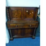 A VICTORIAN MAHOGANY SECRETAIRE CABINET, the twin upper doors revealing six small drawers above a