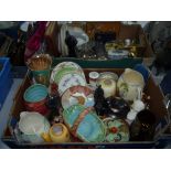 THREE BOXES OF CERAMICS, handbags, metalware etc