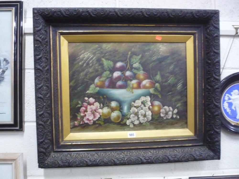 E CHESTER, still life oil on canvas, fruit in blue bowl with flowers and ferns, signed bottom right,