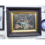 E CHESTER, still life oil on canvas, fruit in blue bowl with flowers and ferns, signed bottom right,