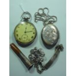 A MIXED LOT, to include pocket watch, locket, cigarette holder, chains, brooch and bracelet (5)