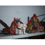 VARIOUS WOODEN ITEMS/PUPPET/FANS , etc to include flying horse, Dragon, elephant, a mask, flying