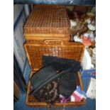 THREE GRADUATING WICKER BASKETS, hats etc