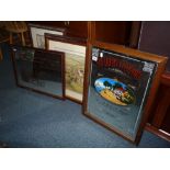 A MODERN SOUTHERN COMFORT ADVERTISING MIRROR, another advertising mirror and two various pictures (