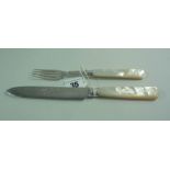 A MOTHER OF PEARL HANDLED SILVER BLADED KNIFE AND FORK SET, Sheffield 1913, knife approximately 24.