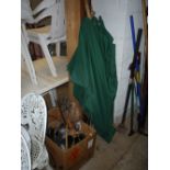 A PINE HANGING SHELF, three curtain rails and a box of miscellaneous