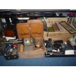 SIX BOXES/HAMPER AND LOOSE SUNDRY ITEMS, to include cameras, books, records, newspapers, coach lamp,