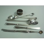 SILVER, to include Georgian serving spoons, three silver handled butter knives, condiment spoons and