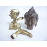 THREE PIECES OF BRASS WARES, to include novelty golf paperweight and Oriental head (3)