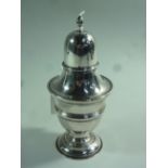 A SILVER SUGAR CASTER, of circular form, hallmarks rubbed, approximate weight 3.5ozt,