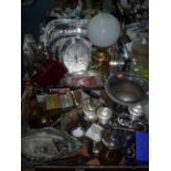 TWO BOXES OF METALWARE, clocks, coins etc