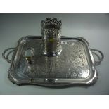 SILVER PLATE, to include twin handled floral and scroll engraved tray, pierced body bottle coaster