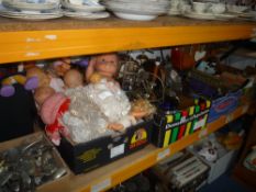 SIX BOXES AND LOOSE SUNDRY ITEMS, to include guitar, flatware, metalware, dolls, records etc