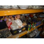 SIX BOXES AND LOOSE SUNDRY ITEMS, to include guitar, flatware, metalware, dolls, records etc