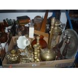 TWO BOXES AND LOOSE SUNDRY ITEMS, metalware, light shade etc